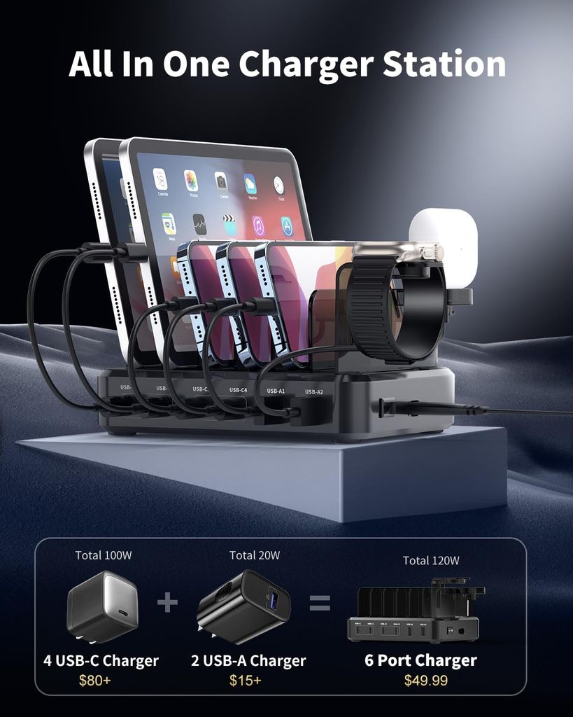 NEXTBATT Laddningsstation med 6 portar, 120W – svart