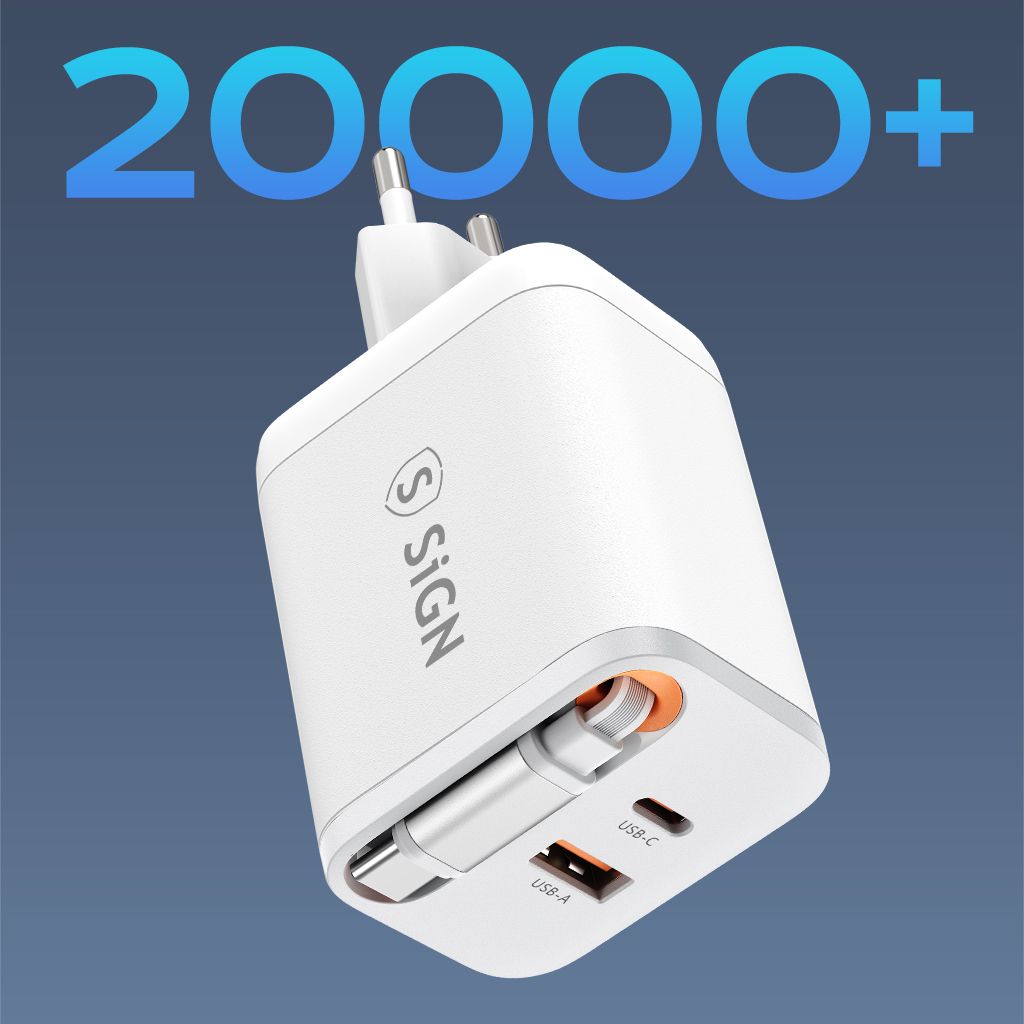 SiGN GaN hurtiglader USB-C/USB-A 40W med forlengbar USB-C-kabel - Hvit