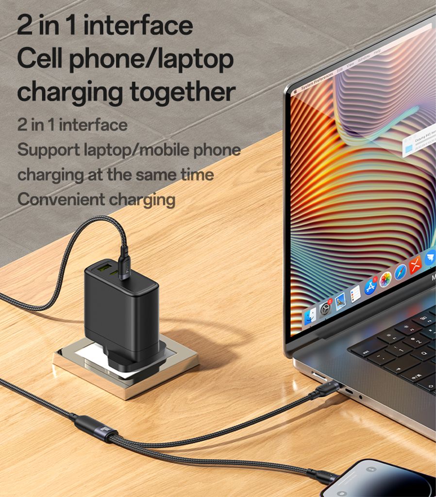 Yesido 2-in-1 USB-C - USB-C / Lightning -latauspöytä 100W, 1,2m