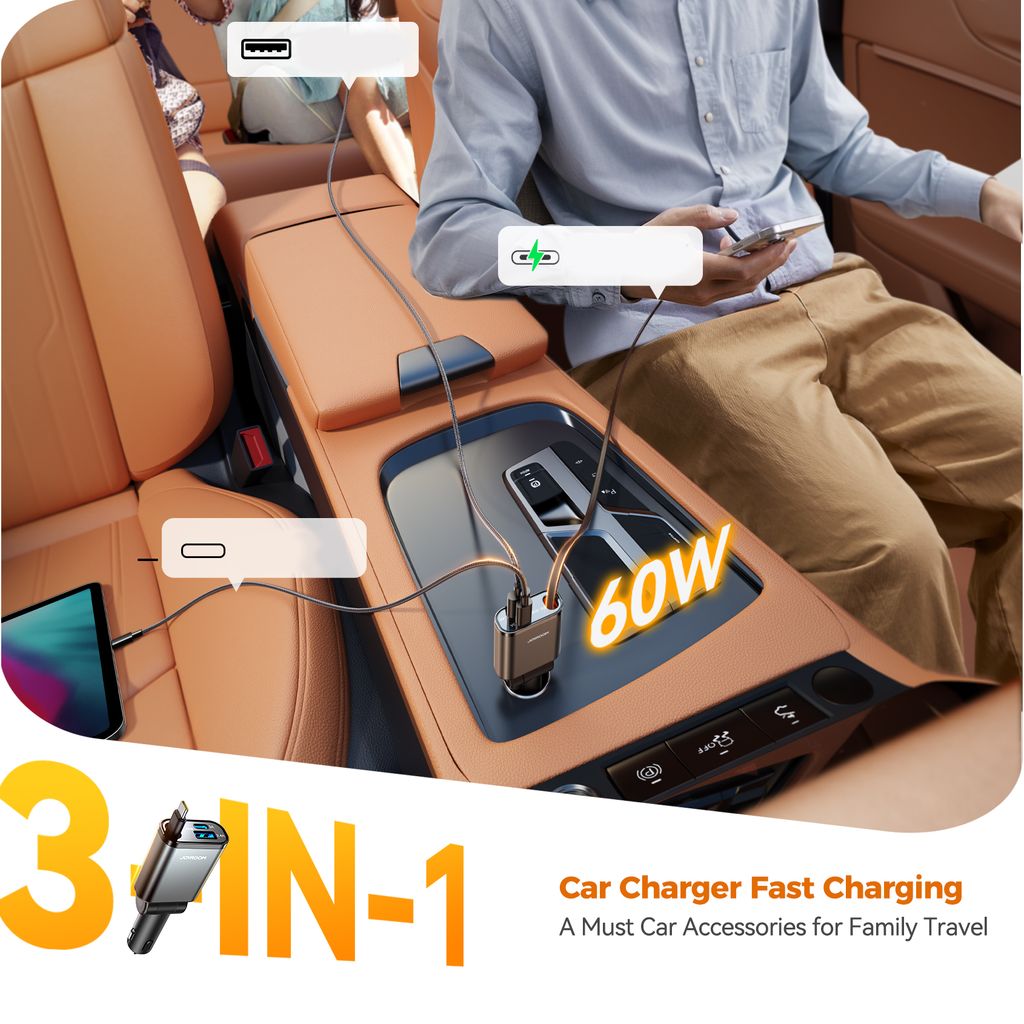 Joyroom JR-CL22A 3-i-1 billader 60W med uttrekkbar USB-C-kabel