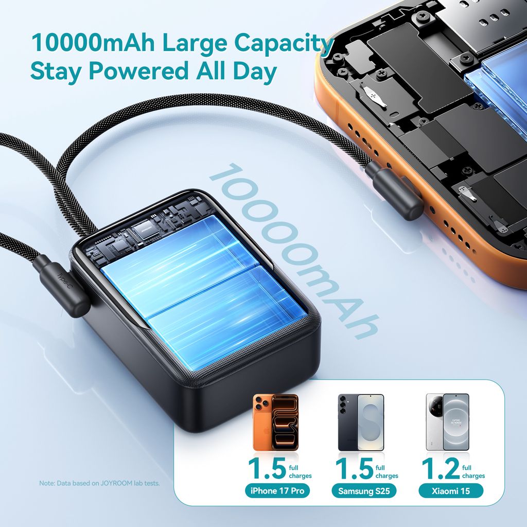 Joyroom JR-PC1 22.5W mini powerbank 10000mAh med USB-C/Lightning-kablar – Svart