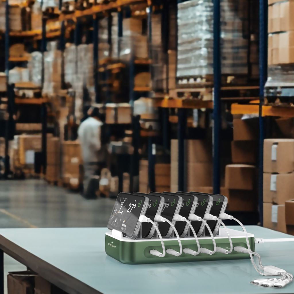 4smarts Team Ladestasjon 100 W – 5 USB-C + 1 USB-A med 6 kabler – Grønn