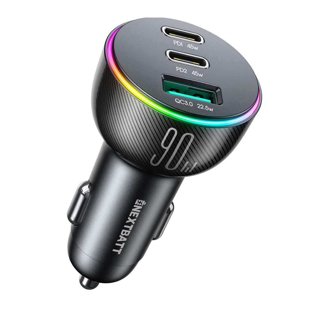 NEXTBATT LED billaddare 90W PD, USB-A / 2x USB-C – svart
