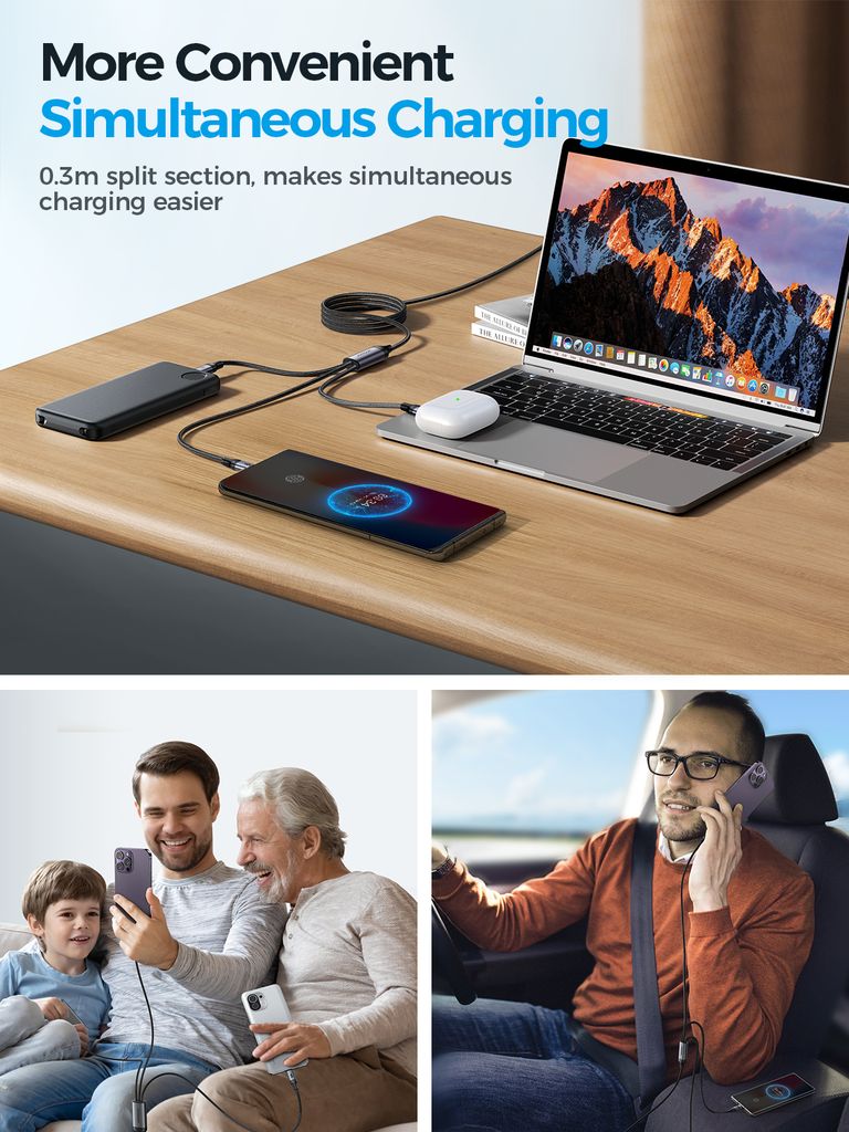 Joyroom 3-in-1 USB-A - Lightning, USB-C, Micro-USB, 100W, 1.2m - Musta