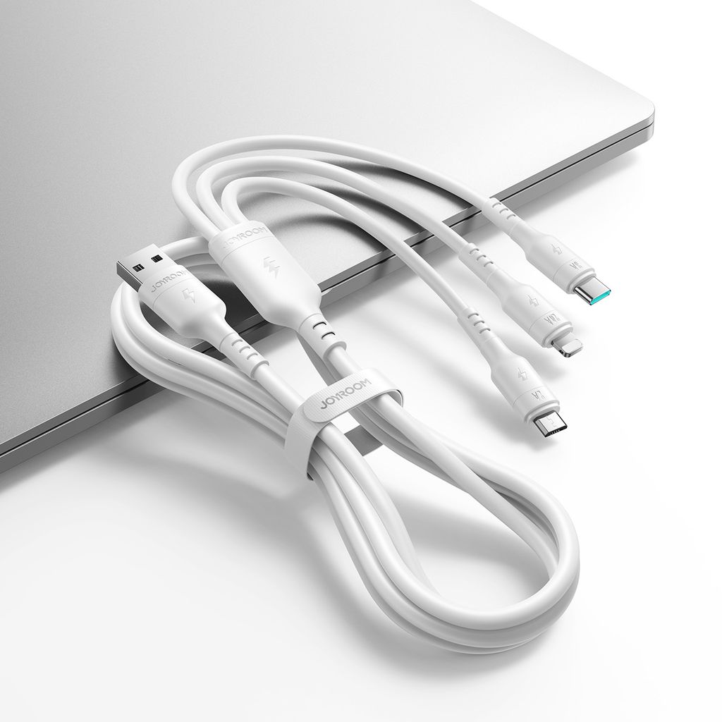 Joyroom S-A61 OmniGo-serien 3-i-1 USB-A-ladekabel USB-C/Lightning/Micro – hvit