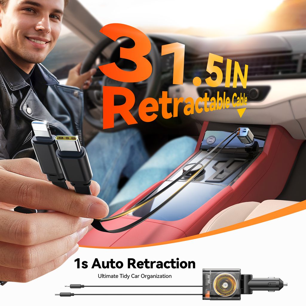 SiGN 4-i-1 billaddare 30W med utdragbara USB-C/Lightning-kablar – svart