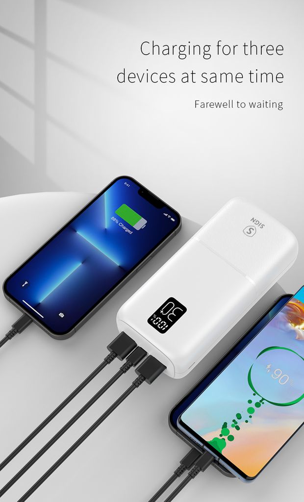 SiGN Varavirtalähde 22,5 W 30 000 mAh USB-C ja USB-A - Valkoinen