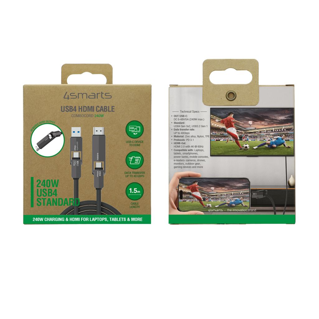4Smarts ComboCord USB4/USB-C till HDMI/USB-C kabel 240W, 1.5 m – svart