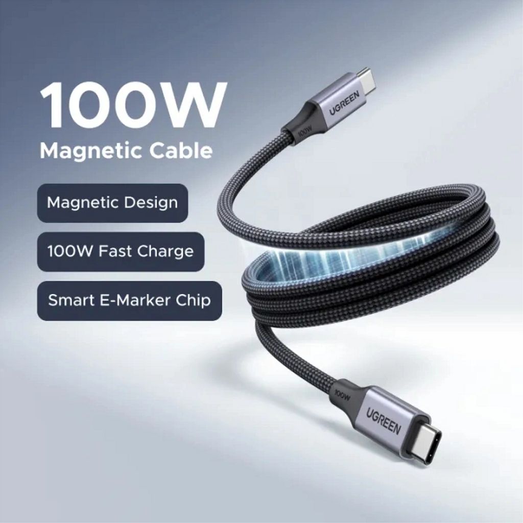 UGREEN USB-C - USB-C PD Magneettinen Pikalatauskaapeli 100W, 1m - Space Gray