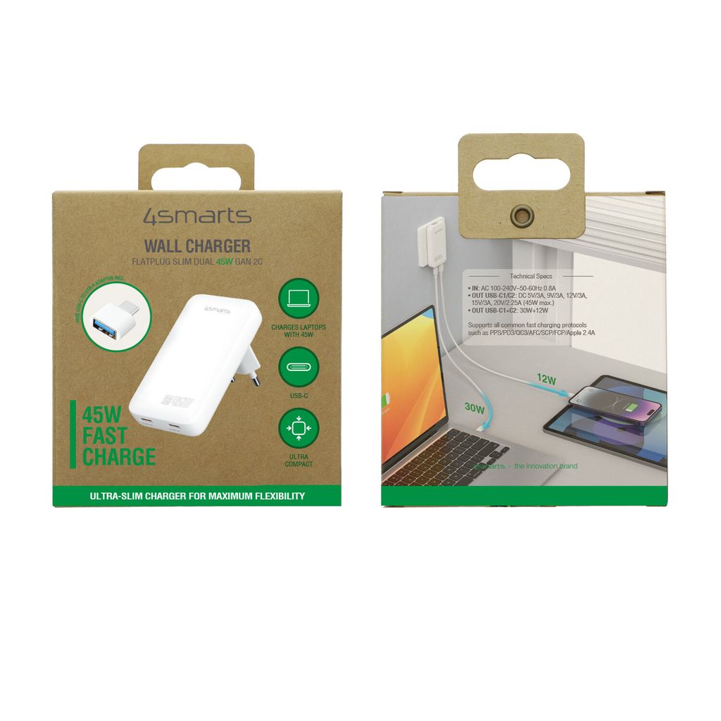 4Smarts FlatPlug Slim Dual 45W GaN 2x USB-C Vegglader – Hvit