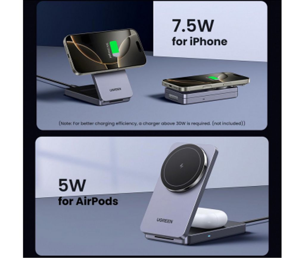 UGREEN W528 2-i-1 trådløs lader 20W – Svar