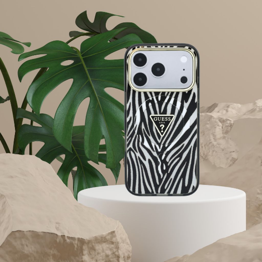 Guess IML Zebra Glitter Triangle Logo MagSafe -kuori  iPhone 18 Pro/17 Pro:lle - Hopea