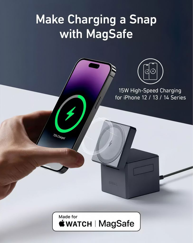 Anker 3-i-1 Cube trådløs lader 15W – svart