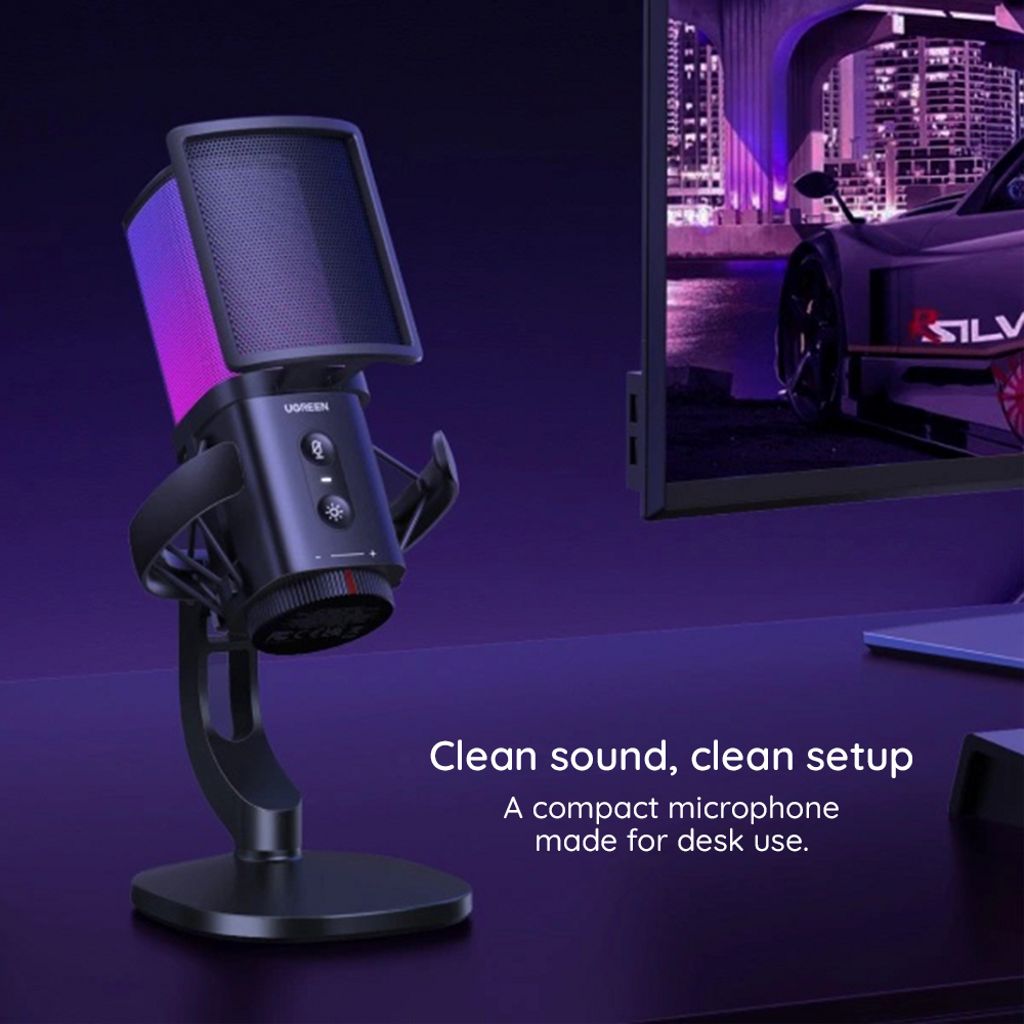 UGREEN CM581 Kardioidmikrofon med RBG-belysning, USB-C, 1,5 m - Svart