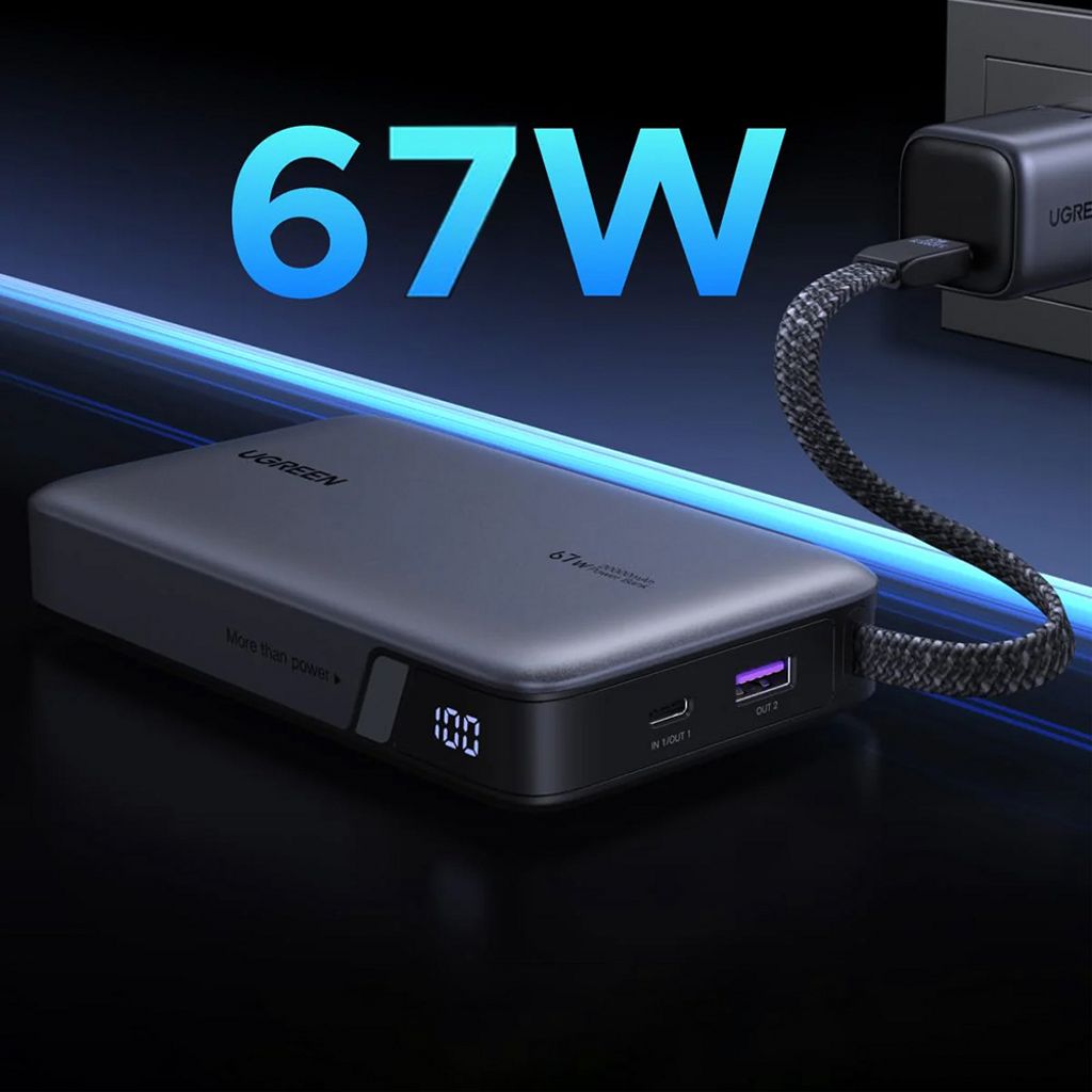 UGREEN Powerbank 20000mAh, 67W, QC + PD med innebygd USB-C-kabel – Grå
