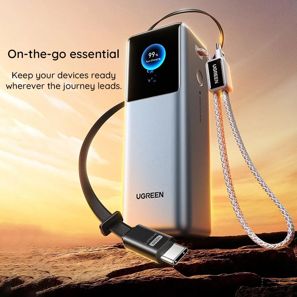 Ugreen PB728 powerbank 25000mAh 200W QC/PD met USB-C-kabel - grijs