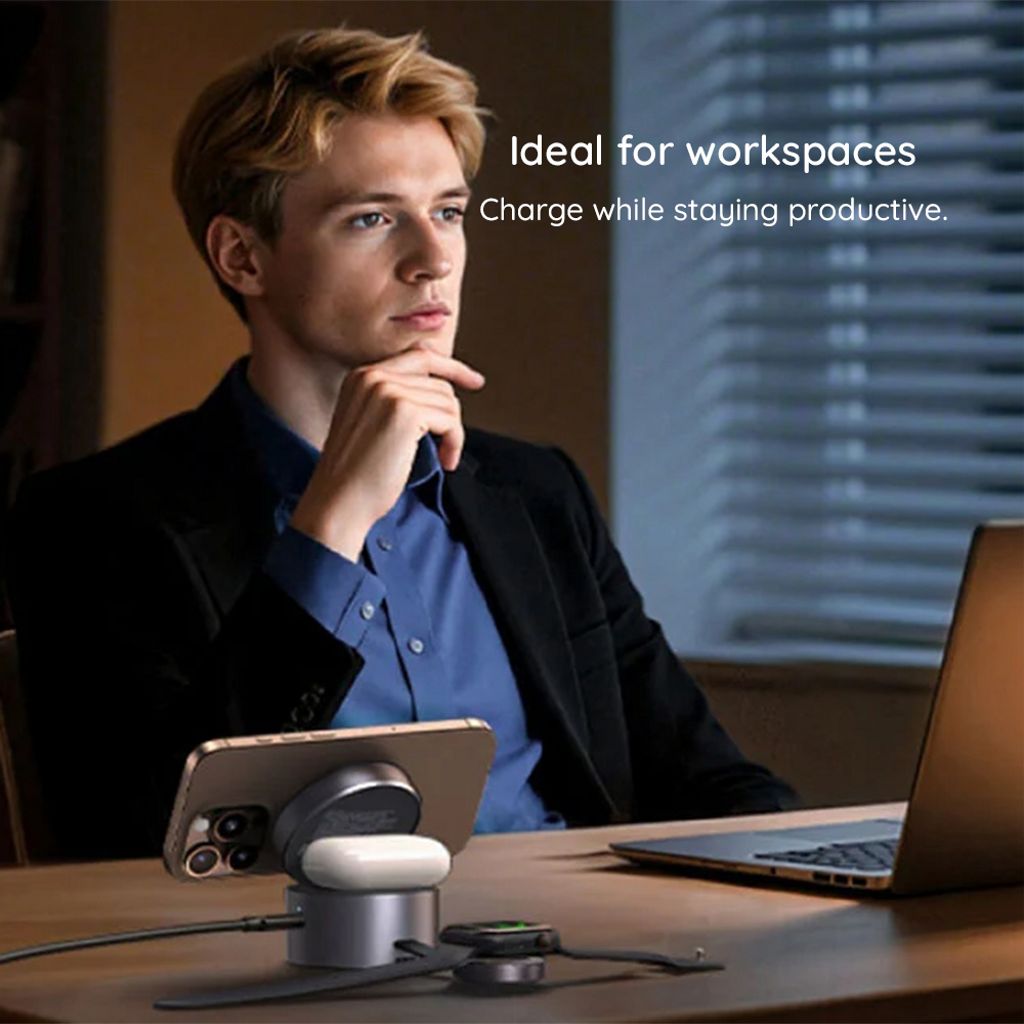 Ugreen W712 3-i-1 trådløs ladestasjon – grå