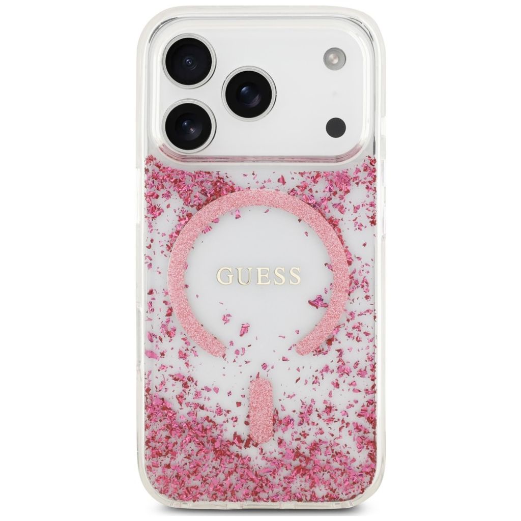 Guess Resin Glitter MagSafe -kuori  iPhone 18 Pro Max:lle - Vaaleanpunainen
