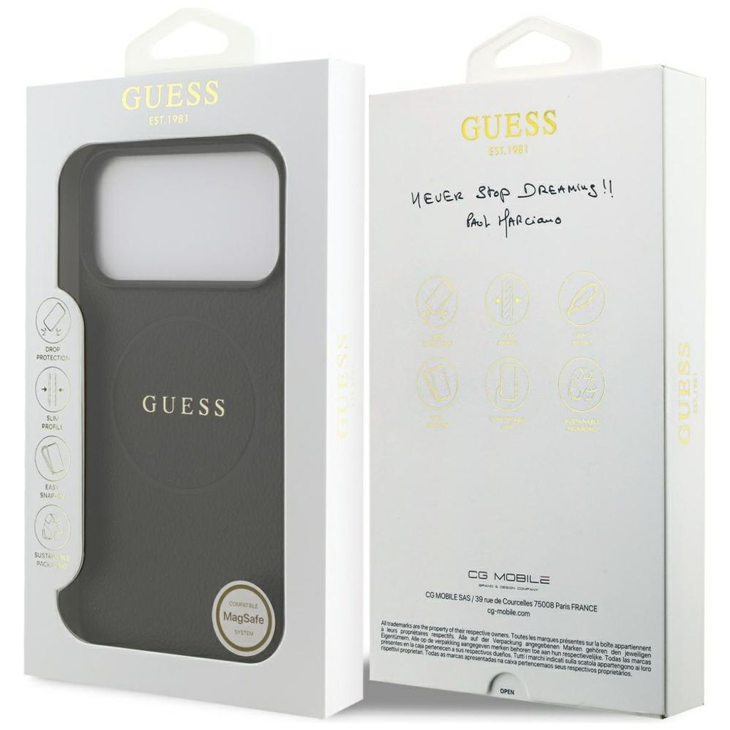 Guess Grained Gold Ring MagSafe -kuori iPhone 18 Pro/17 Pro:lle - Musta