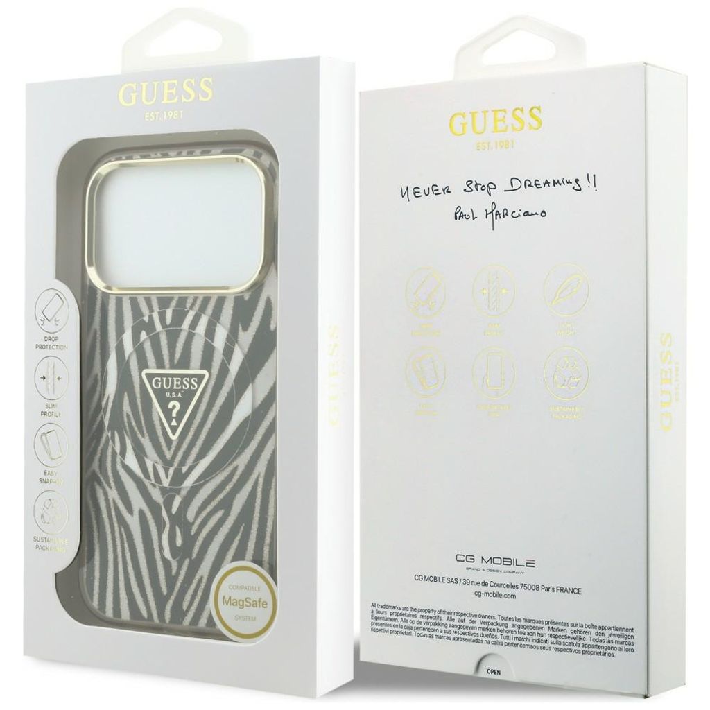 Guess Zebra Glitter Triangle Logo MagSafe -kuori  iPhone 17 Pro/18 Pro Case:lle - Kulta