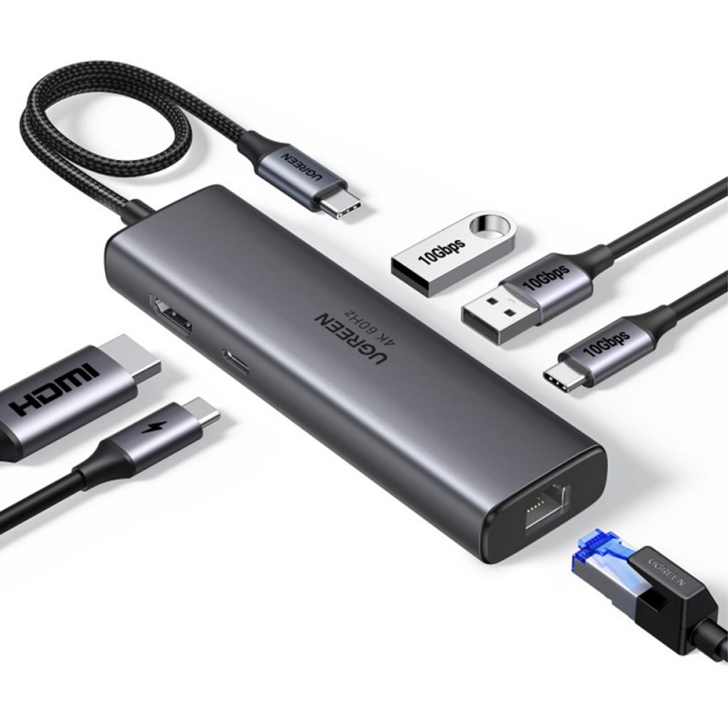 UGREEN USB-C-keskitin 2x USB-A/2x USB-C/1x HDMI/1x RJ45/1x SD/1x microSD - Harmaa