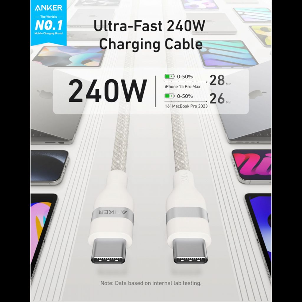 Anker USB-C til USB-C-kabel 240 W, 1,8 m – hvit