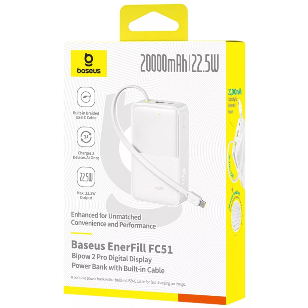 Baseus EnerFill Bipow2 Pro Powerbank 30000mAh QC+PD med USB-C-kabel - Hvit