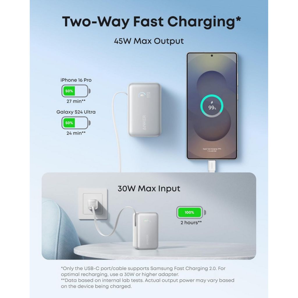 Anker Nano 10000 mAh hurtigopladende powerbank 45W med indbygget USB-C-kabel – hvid