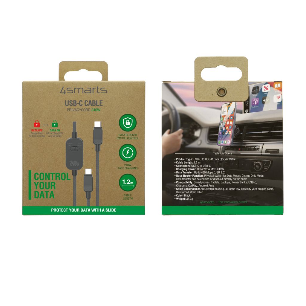 4Smarts PrivacyCord USB-C-kabel 240W, 1,2m - Svart