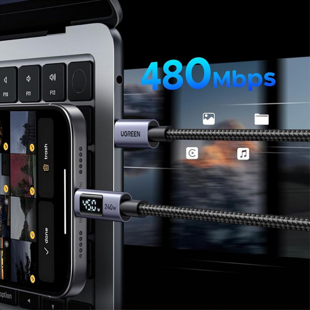 UGREEN 65866 USB-C till USB-C-kabel med Display, 240W – Grå
