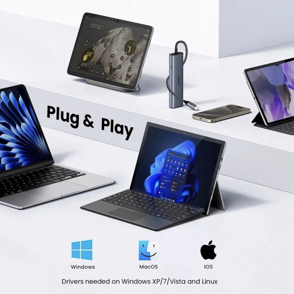UGREEN CM512 USB-C Hub med 1x USB-A 3.2 / 1x USB-A / 3x USB-C / 1x RJ45 - grå