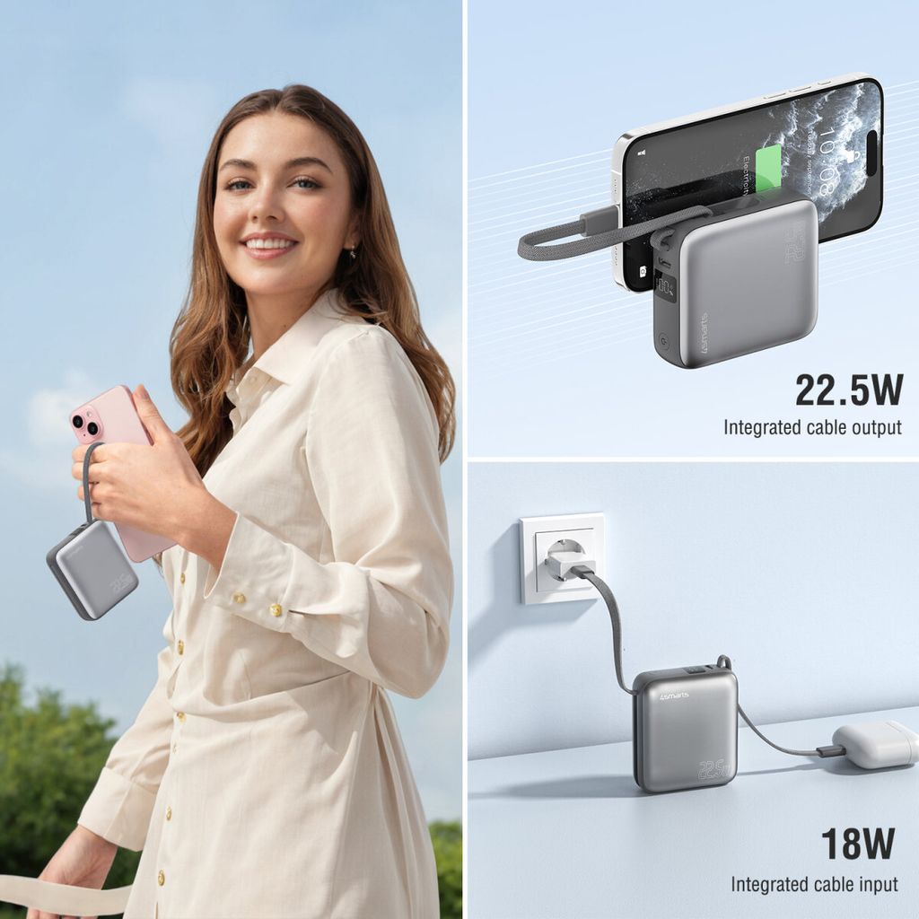 4Smarts Pocket Tehopankki USB-C-kaapelilla 10 000 mAh 22,5 W – Tähtiharmaa