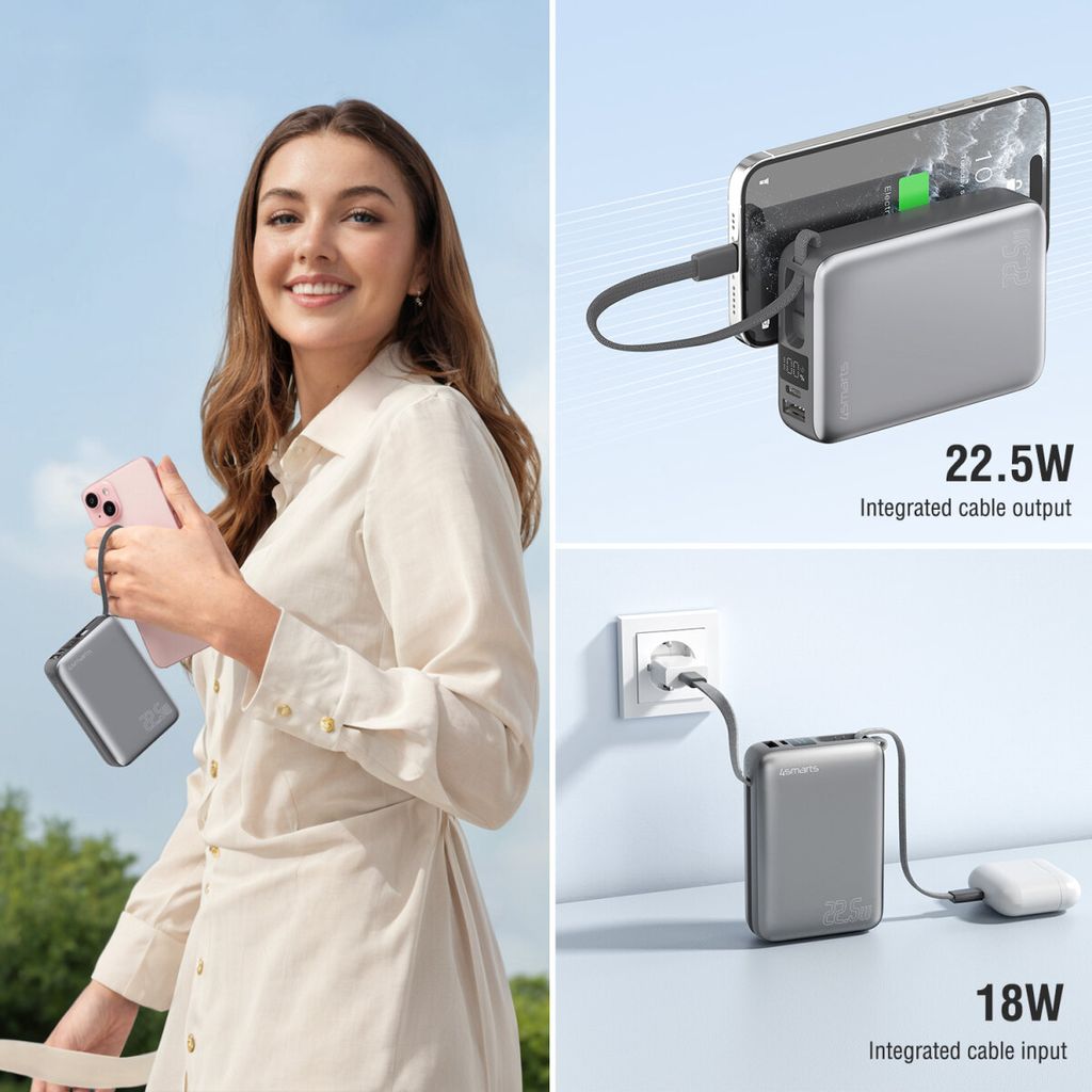 4Smarts Pocket Powerbank med Dubbla USB-C kablar 20000 mAh 22.5W – Space Grey