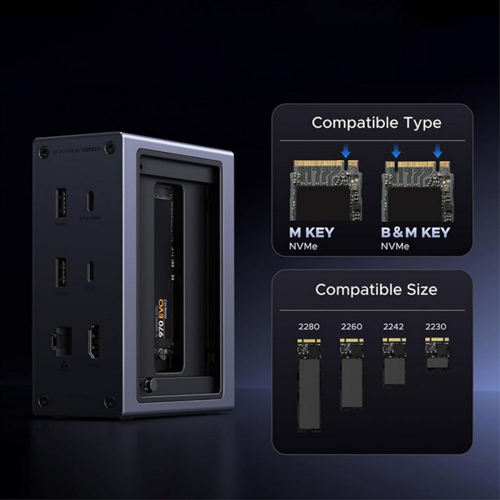 Ugreen CM923 10-i-1 Hub med HDMI/USB-C/USB-A/SD/TF/RJ45/Intern SSD-plads