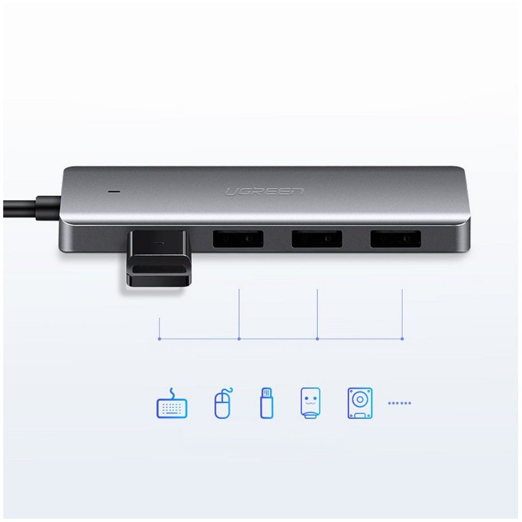 UGREEN CM219 USB-A-keskitin 4x USB-A 3.0 / 1x USB-C -liitännälle - Harmaa