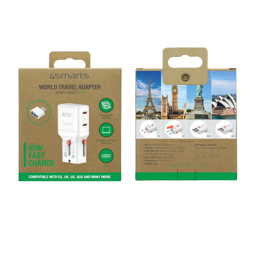 4Smarts Nomad Pocket GaN 65W Universal Rejseadapter - Hvid