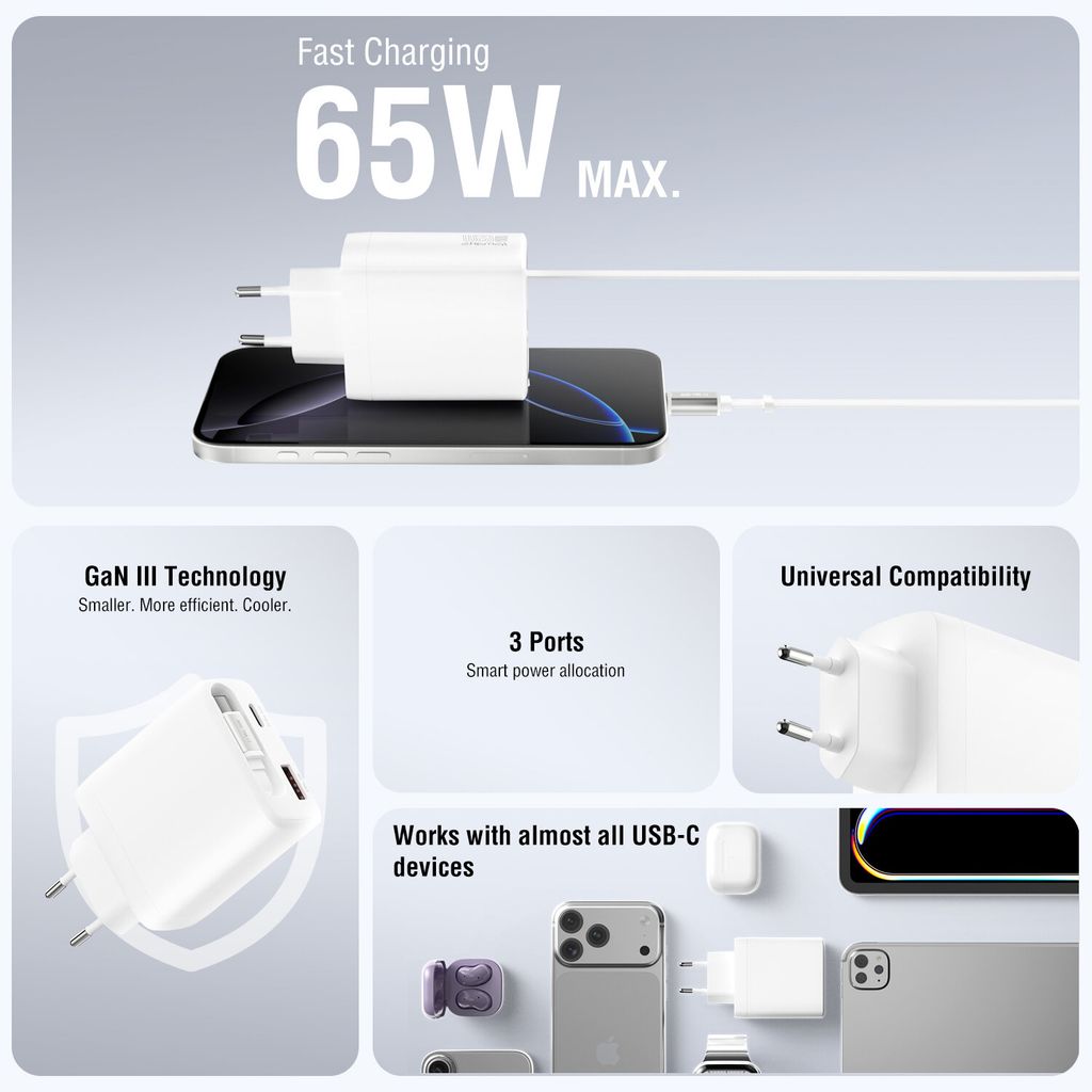 4Smarts PDPlug Jojo 65W vegglader PD GaN med uttrekkbar USB-C-kabel – hvit
