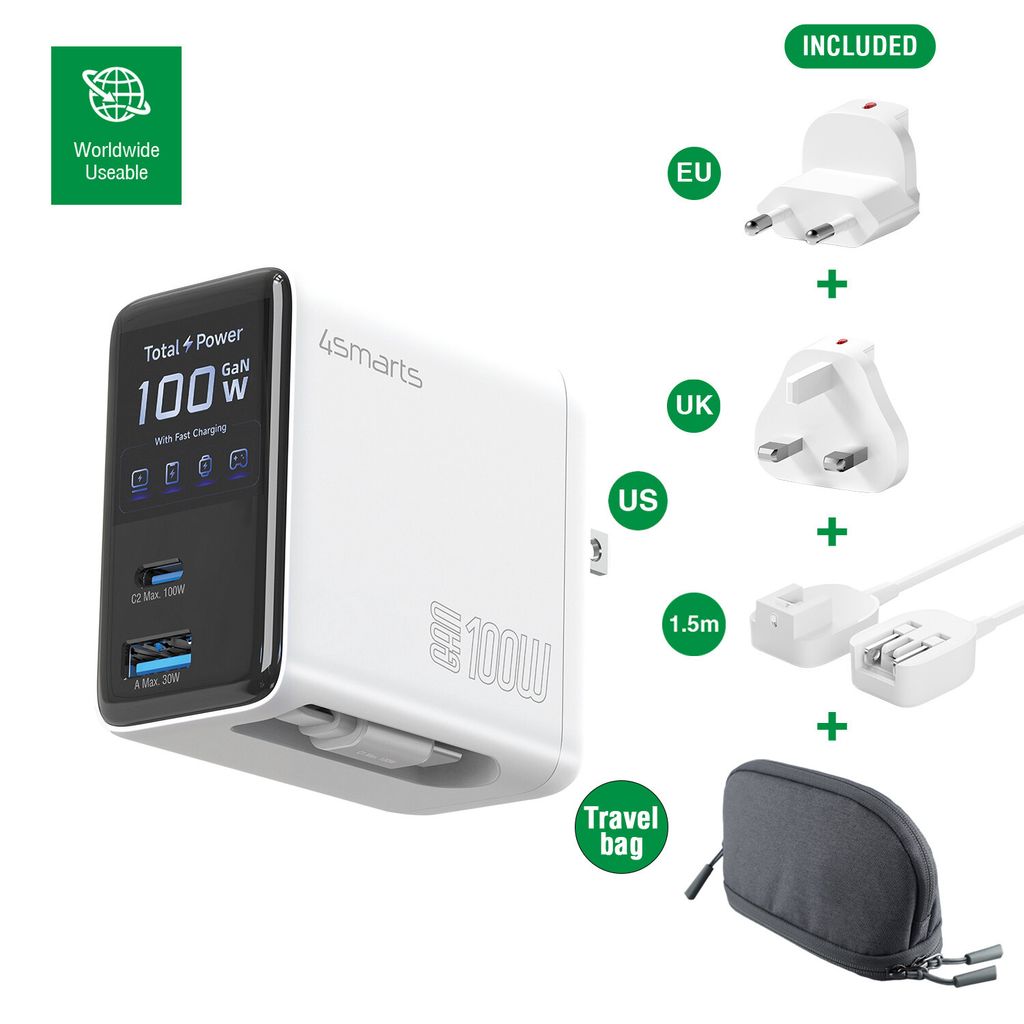 4Smarts GaN 100W Reseadapter/Laddare  EU/US/UK till USB-C/USB-A + USB-C kabel