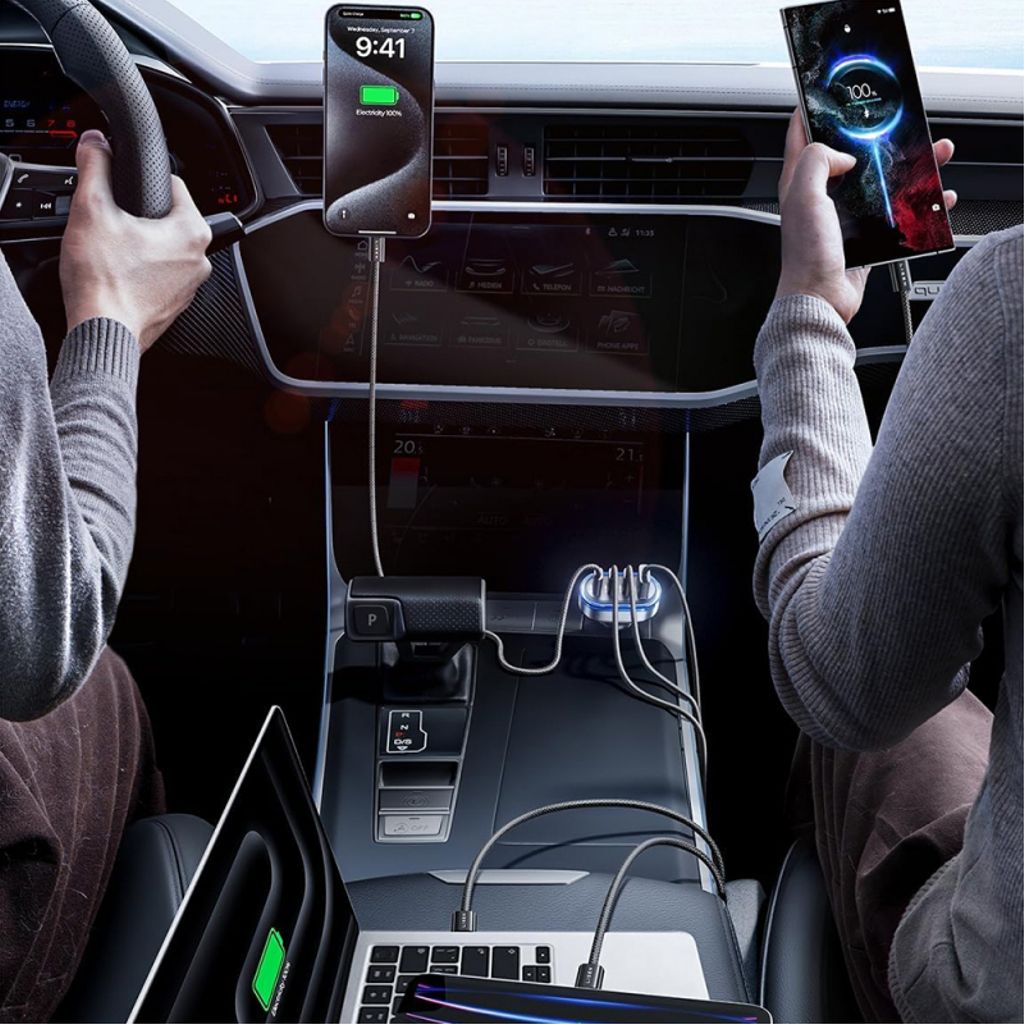 Lisen billaddare 101W, 3.25A, 1x USB-A / 3x USB-A med USB-C kabel – Svart