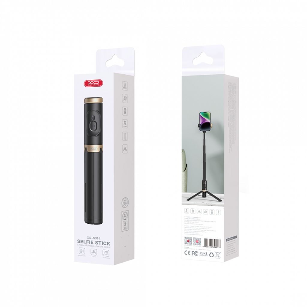 XO Design SS14 Bluetooth Selfiestang med stativ og fjernkontroll, 72 cm – svart