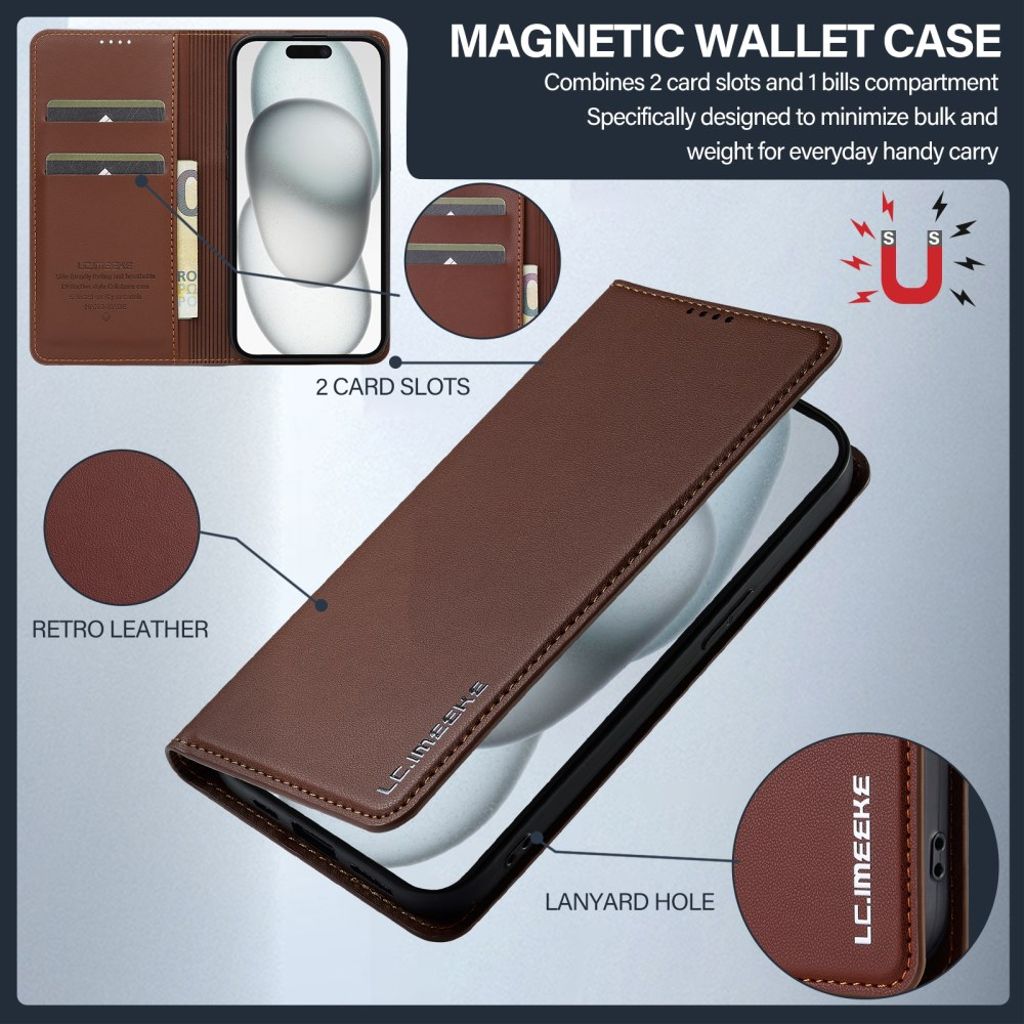 LC.IMEEKE iPhone 15 Wallet Cover Stand PU Leather - Brown