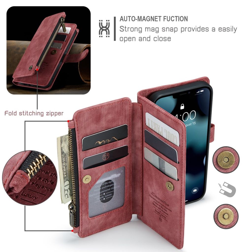 CASEME iPhone 13 Wallet Cover Card Holder Strap PU Leather - Red