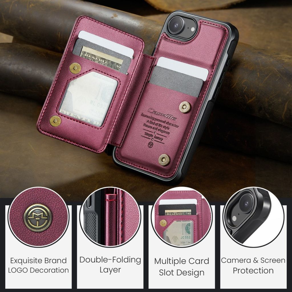 CASEME C22 Wallet Case with RFID Blocking for iPhone 16e – Red