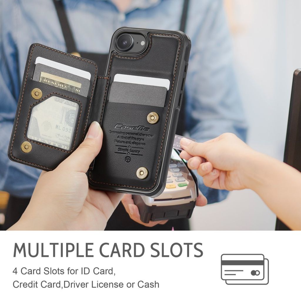 CASEME iPhone 16e Lommebokdeksel med RFID Kortholder og Stativ – Svart