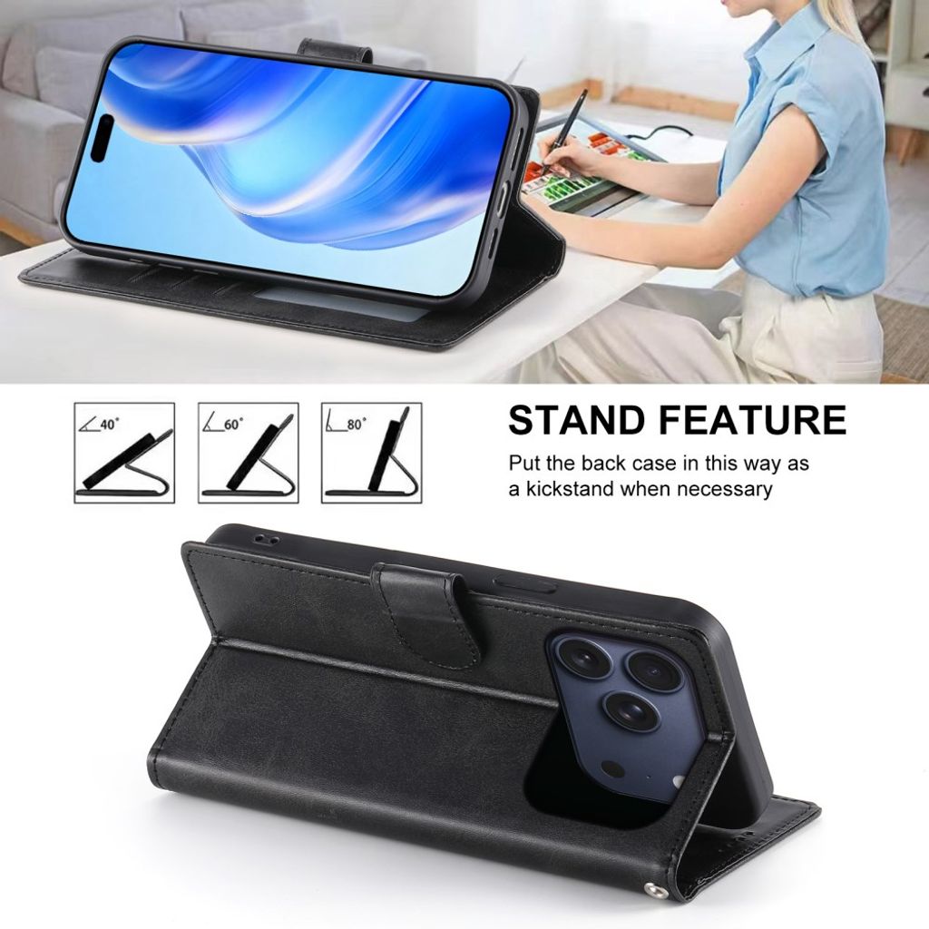 iPhone 18 Pro/17 Pro Plånboksfodral PU-läder med Stativ - Svart