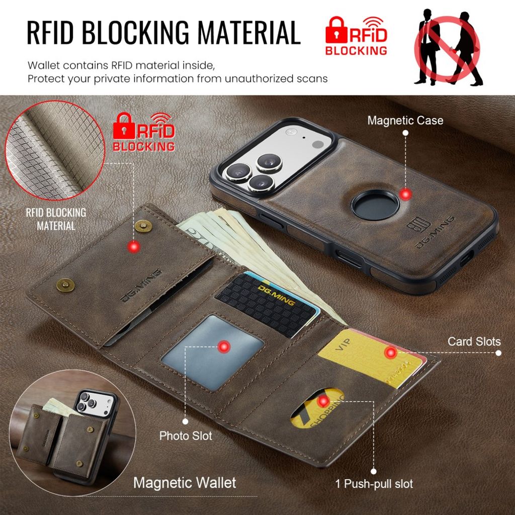 DG.MING iPhone 18 Pro Max/17 Pro Max Deksel med Magnetisk Lommebok - Brun
