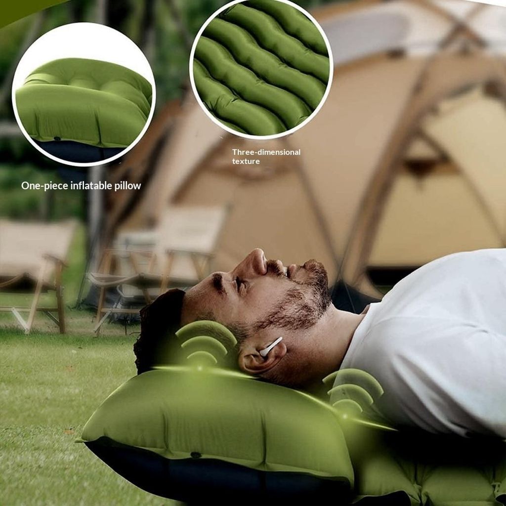 Uppblåsbar campingmadrass med fotpump & kudde – grå