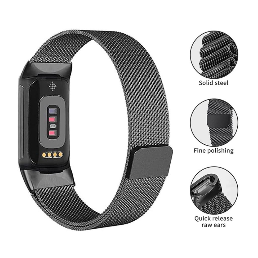 KALEBOL Fitbit Charge 6/5 Kellonranneke, Ruostumaton teräs - musta