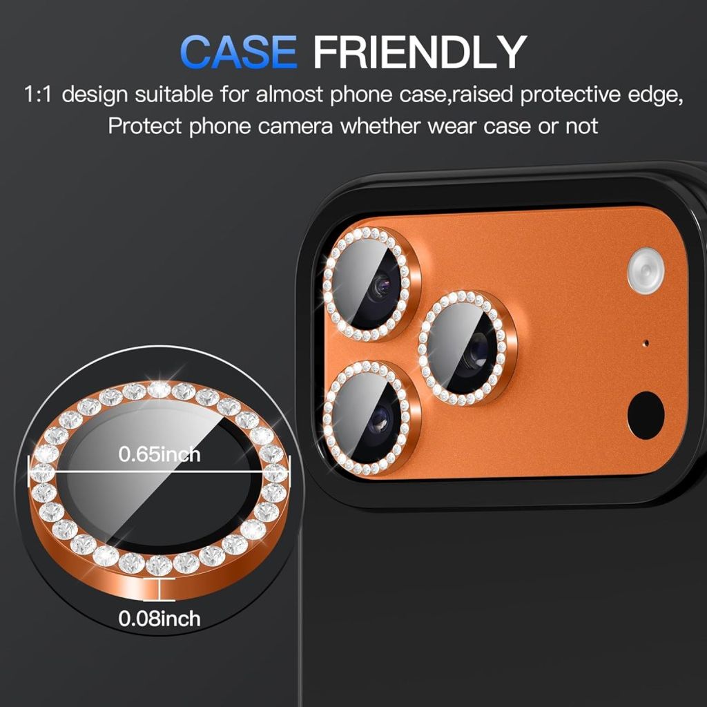 iPhone 18 Pro linsskydd i härdat glas med strassprydd metallring – Orange
