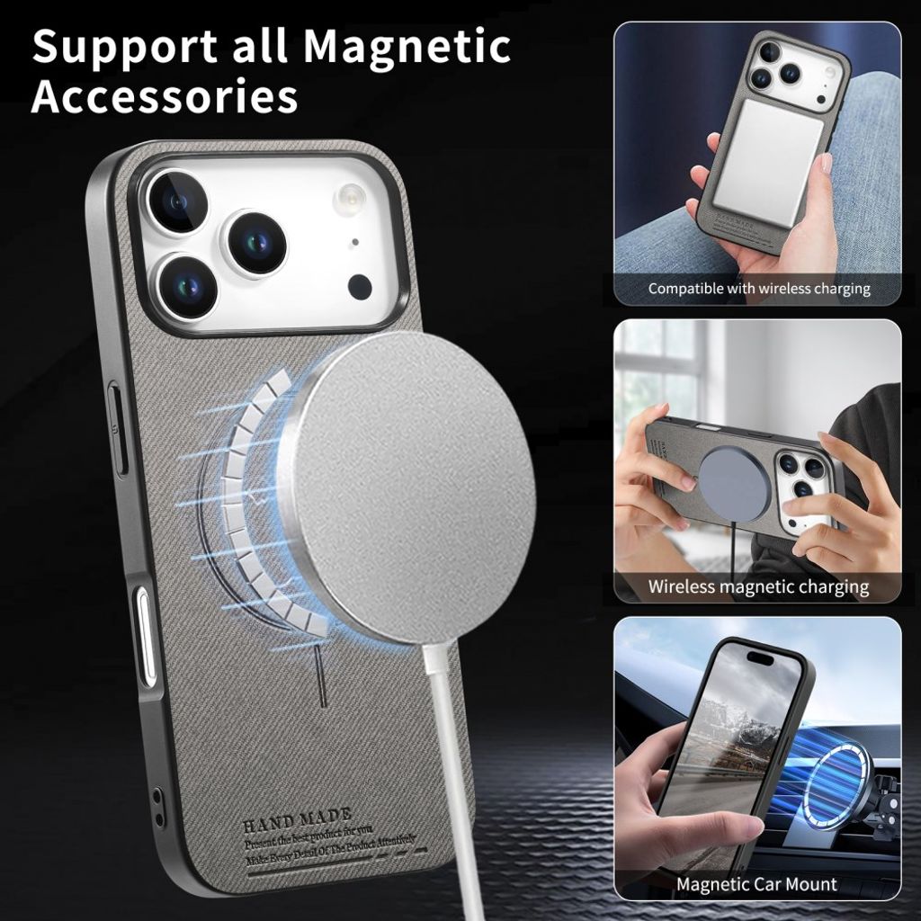 iPhone 17 Pro Max MagSafe PU Læder/Stofstruktur Cover - Grå